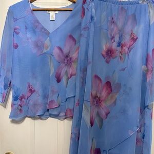 Blue Floral Maxi Dress - Lightweight V-Neck Two-Piece